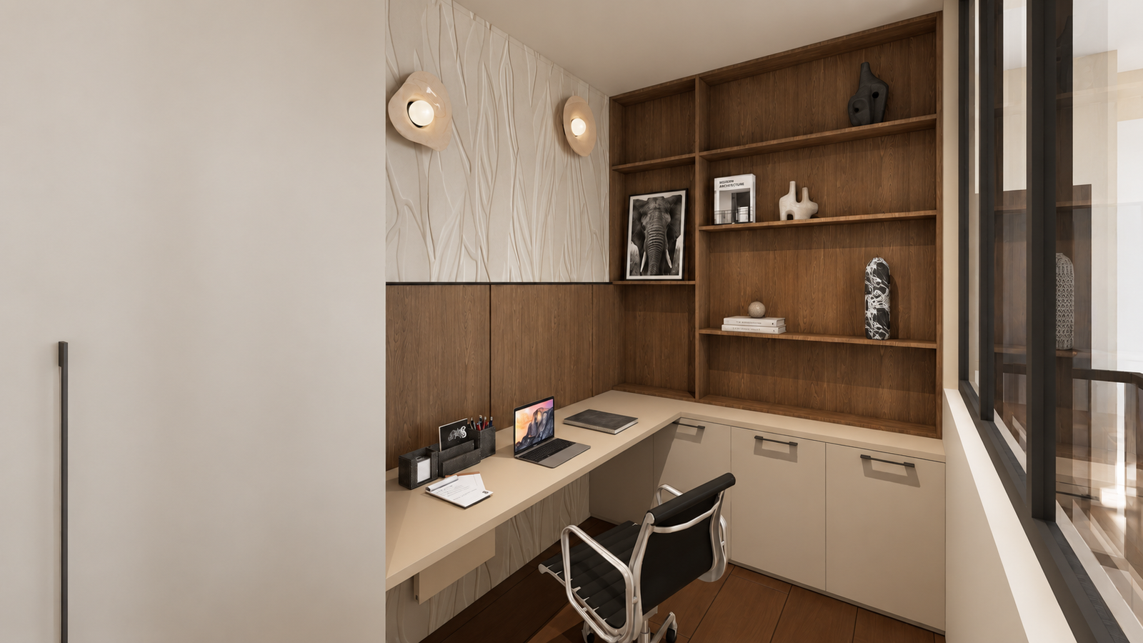 Agencement de bureau avec bibliothèque intégrée