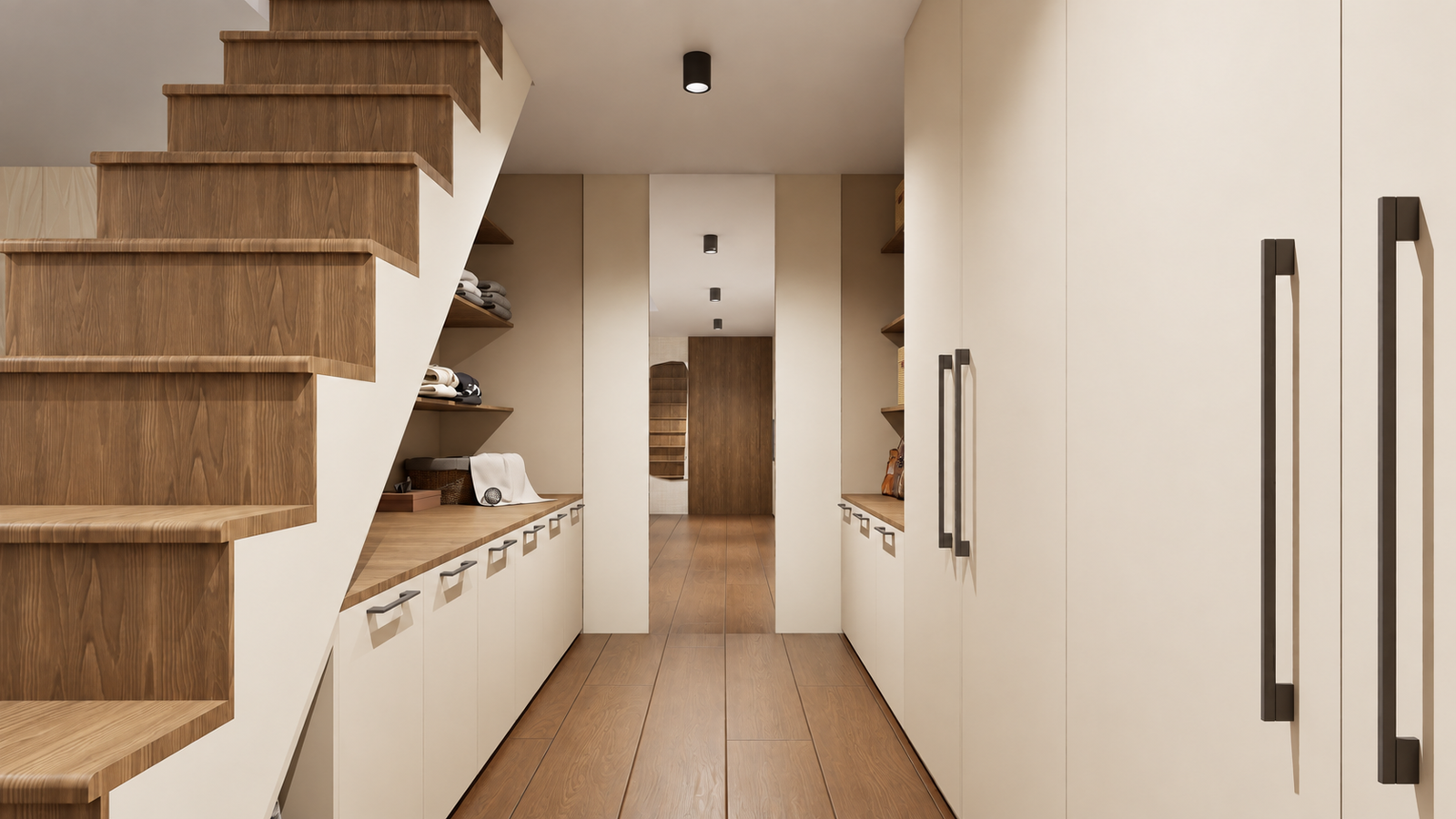 Escalier en bois et rangements intégrés