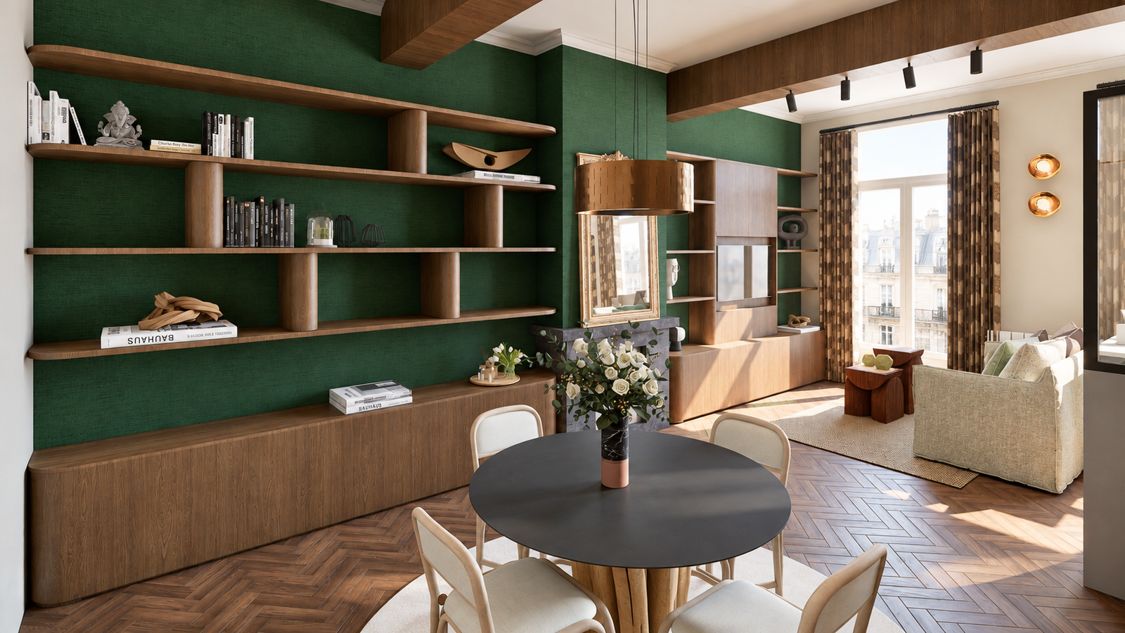Salon avec bibliothèque en bois et mur vert